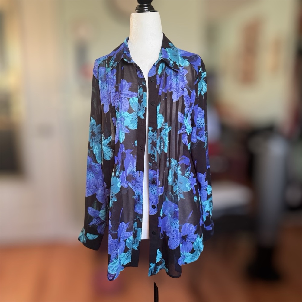 Elegant Floral Sheer Button-Down Shirt - Blue and Black
